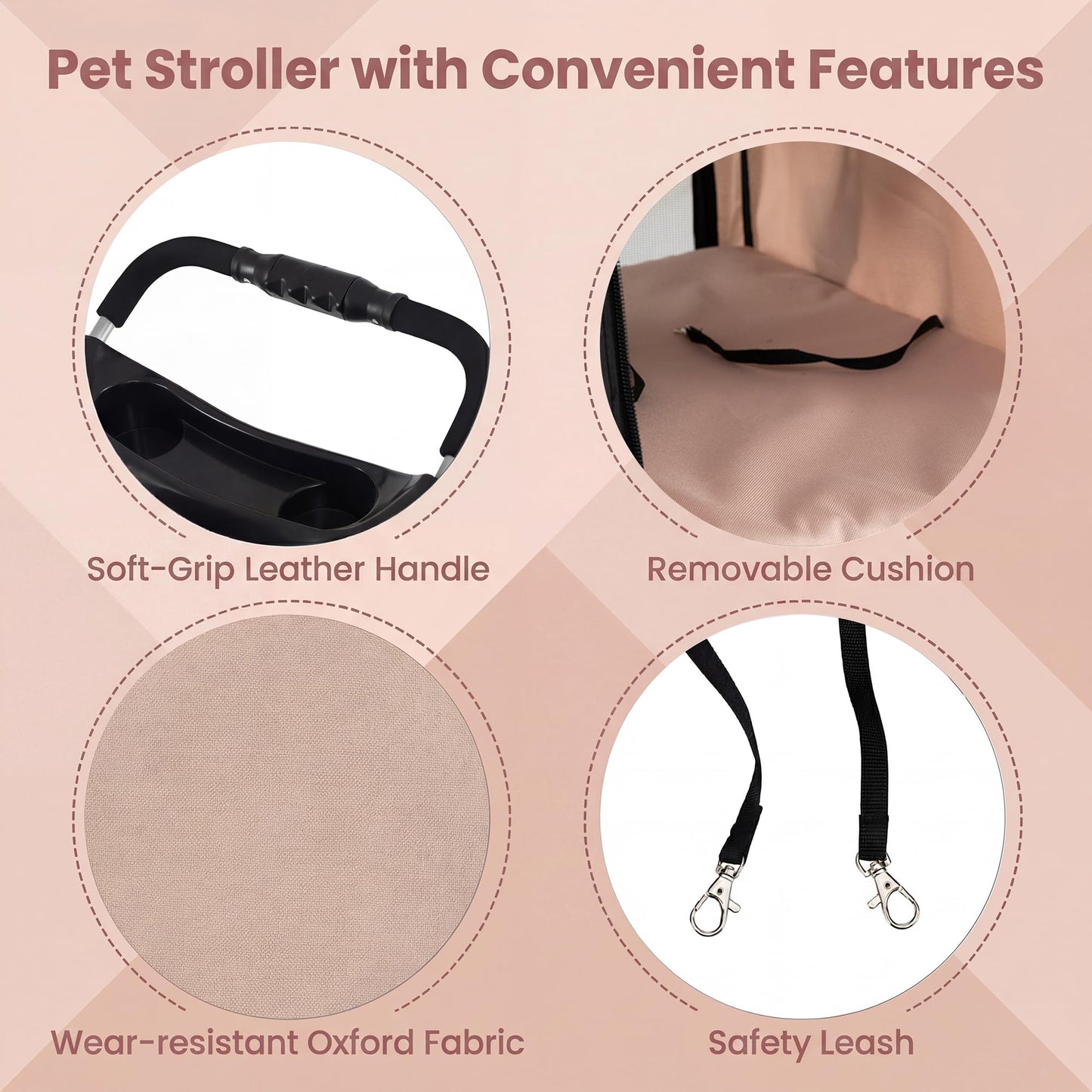 Giantex 3 Wheel Foldable Dog Stroller for Small Dogs Cats, Lightweight Pet Stroller with Lockable Wheels, One-Hand Quick Fold, Mesh Windows, Safety Leash & Storage Basket, Pet Travel Stroller (Beige)