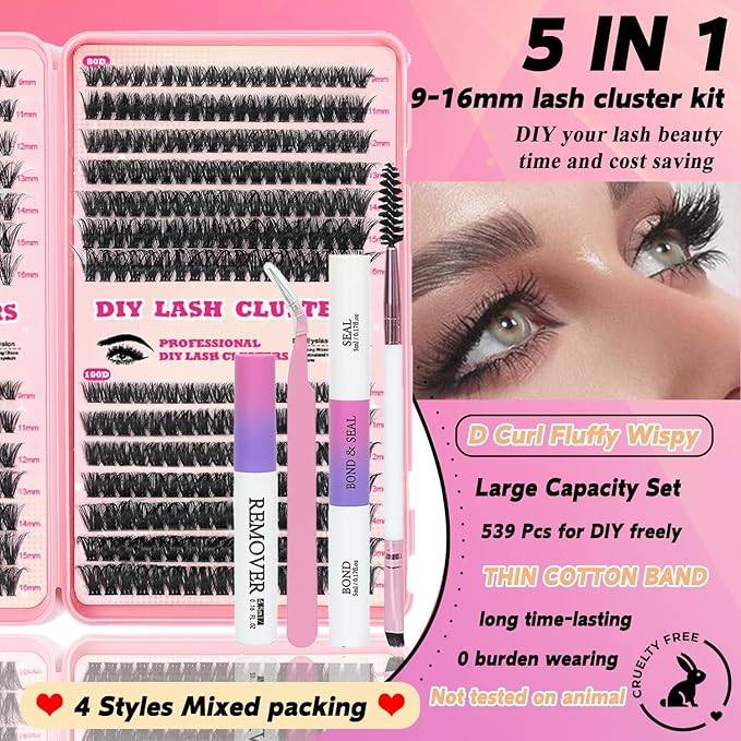 Lash Clusters Kit, 560 Pcs Eyelashes Clusters Kit 9-16mm Individual Lash Extension Kit D Curl Fluffy Wispy False Eyelashes (50D+60D+80D+100D, Lash Clusters Kit)