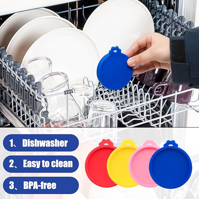 PINE & LINEN 4 Pcs 2.5inch Durable Pet Can Lids, Silicone Small Pet Can Covers Waterproof Cat Food Cans Lids for 3 oz Cat Food Cans（Yellow+Red+Pink+Blue）
