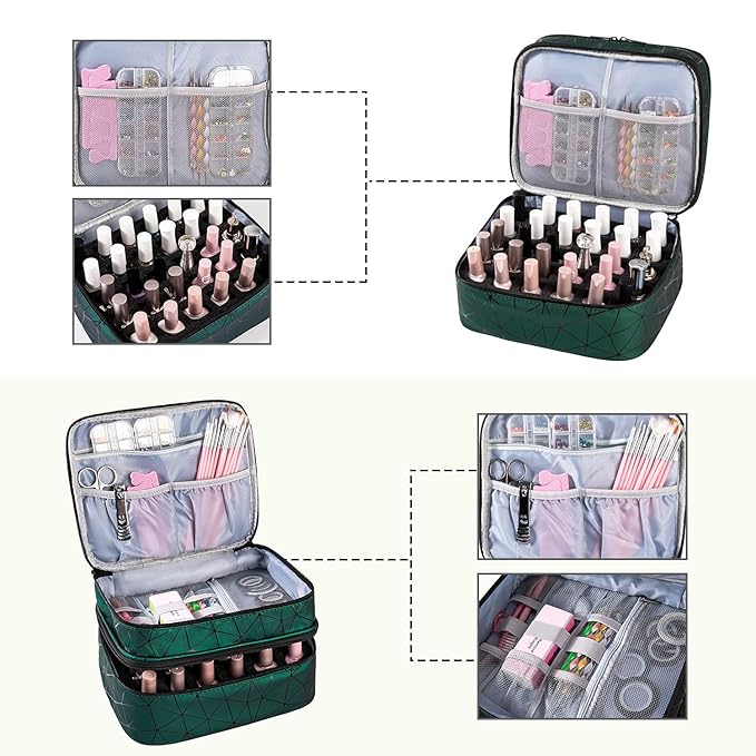 Double-Layers Nail Polish Organizers and Storage, Geometric PU Leather Carrying Case for Fingernail polish, Nail Varnish and Manicure Sets - Holds up to 30 Bottles（15ml）with Detachable Divider