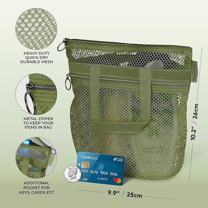DV Lifestyle Mesh Shower Bag 10.2x9.9'' Quick-Dry Caddy with Zipper & 2 Pockets. Portable Toiletry Tote for Bathroom, Gym, Travel, Camp, Beach, for Sunscreen, Dorm & College Essentials (Olive Green)
