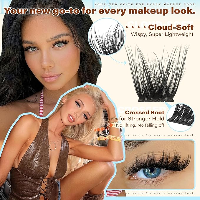 PHKERATA 12-14-16mm Fluffy Lash Clusters Wispy Eyelash Clusters for Volume, C Curl Fairy Cluster Eyelash Extensions, DIY Individual Lashes with Soft Thin Band