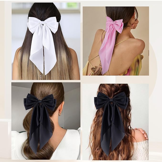 6Pcs Large Bows Hair Clips for Women Girls Long Tail Hair Ribbon Silky Satin Barrettes Coquette Bows Accessories (Black/Pink/White)