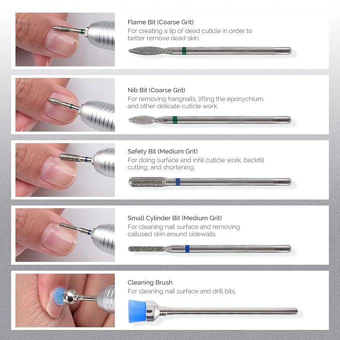 MelodySusie 10pcs Nail Drill Bits Set, 3/32 Inch Diamond Cuticle Nail Bits Kit for Nail Drill E-File, Manicure Pedicure Remover Tools for Acrylic Gel Nails, Salon Home Nail Care Supplies, Silver