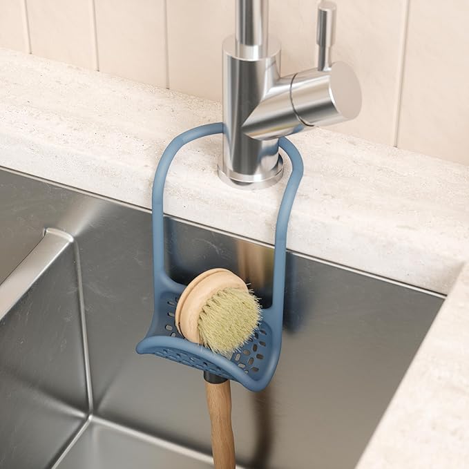 Umbra Sling Kitchen Sink Caddy Sponge Holder, Hangs Over Faucet or Divider, Single, Slate Blue