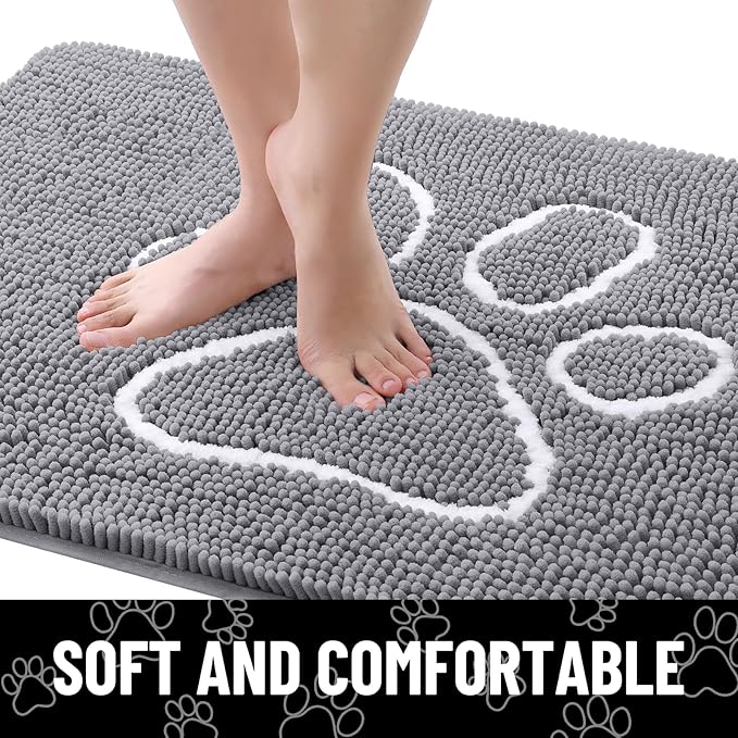 Smiry Dog Door Mat for Muddy Paws, Absorbent Dirt Trapper Non Slip Quick Dry Washable Chenille Mat for Mud Dogs, Entry Rug for Indoor and Outdoor (30x20 Inches, Grey and White)