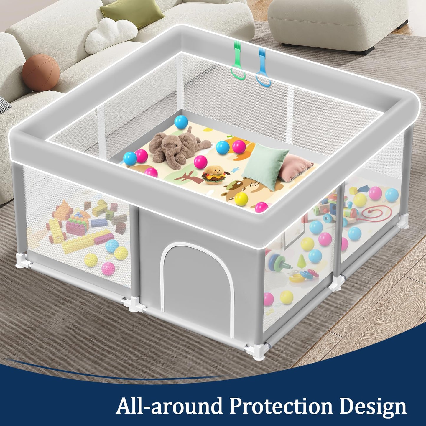 Baby Playpen with Mat 50x50 Inch, Playpen with Colorful Ball for Babies and Toddlers, Baby Play Pen Pin Indoor Play Fence (Mat and Ball Included)