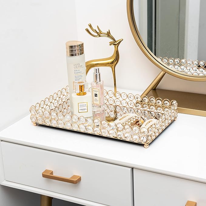 Feyarl Crystal Perfume Fragrance Tray Cosmetic Makeup Vanity Tray Jewelry Trinket Ring Earring Display Organizer Decorative Skin Care Storage for Home Dresser Countertop(13.7 x 7.87 inch)