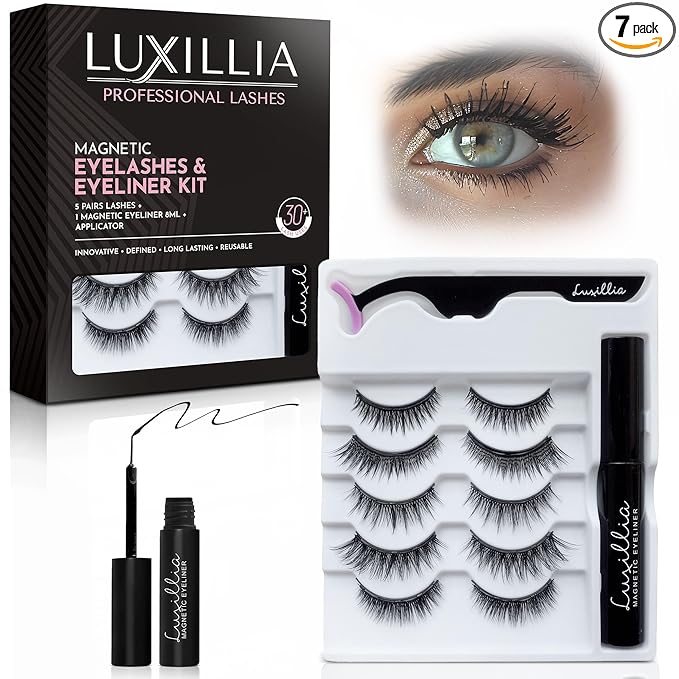 Luxillia 7-Piece Magnetic Eyelashes with Applicator & Magnetic Eyeliner Kit – Reusable Natural Magnetic Lashes – Easy Apply Lash Kit for Beginners – Waterproof, Short & Dramatic Looks