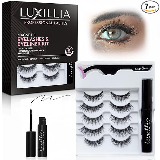 Luxillia 7-Piece Magnetic Eyelashes with Applicator & Magnetic Eyeliner Kit – Reusable Natural Magnetic Lashes – Easy Apply Lash Kit for Beginners – Waterproof, Short & Dramatic Looks