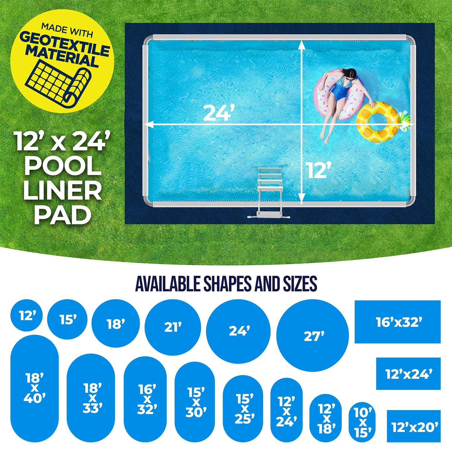 Shop Square 12-Foot-by-24-Foot Rectangle Pool Liner Pad for Above Ground Pools - Rectangle Pool Pad, Under Pool Mat, Puncture Protection, Extend Liner Life, Durable Geotextile Material