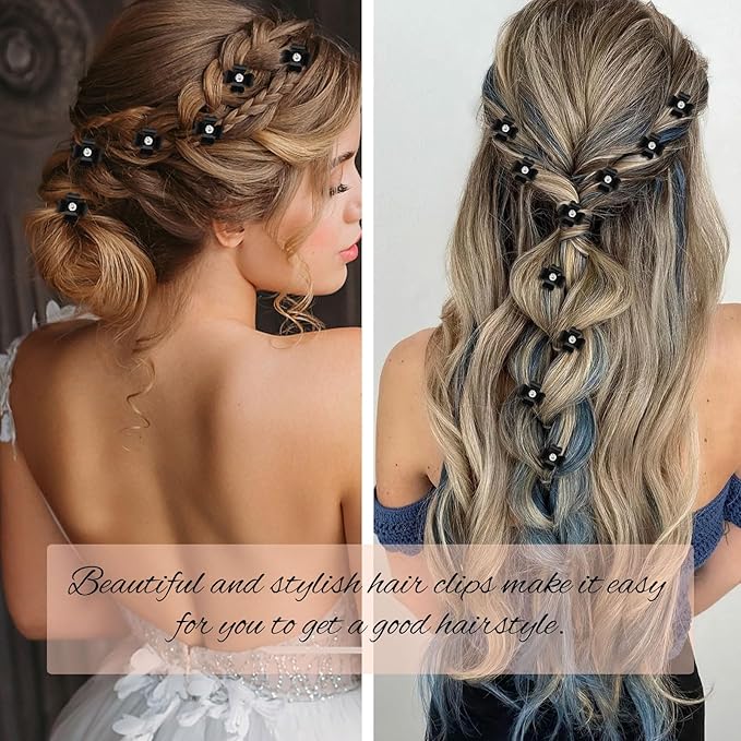 YISSION 20 Pcs Mini Black Flower Hair Clips with Rhinestone Cute Hair Pins Decorative Hair Clips Wedding Hair Barrettes Bridal Hair Accessories for Girls Women