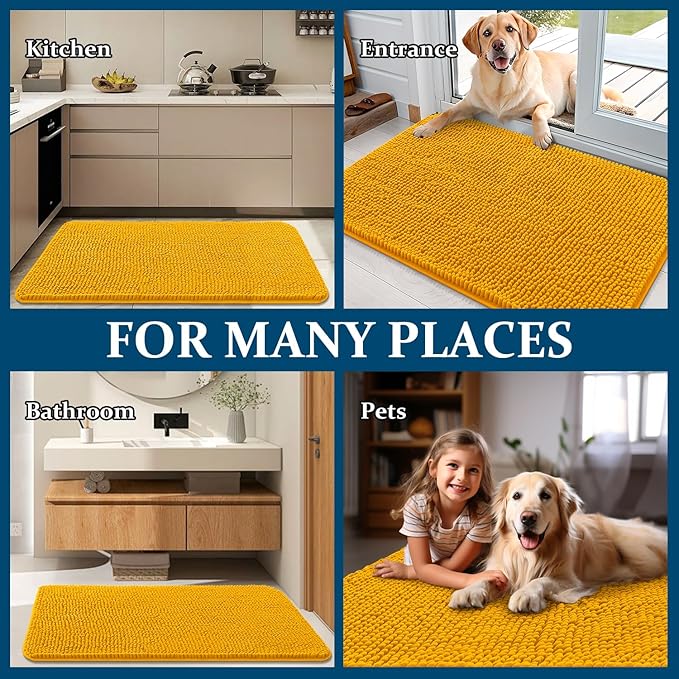 OLANLY Dog Door Mat for Muddy Paws 30x17, Absorbs Moisture and Dirt, Absorbent Non-Slip Washable Doormat, Quick Dry Chenille Mud Mat, Entry Indoor Entryway Carpet for Inside Floor, Golden Yellow