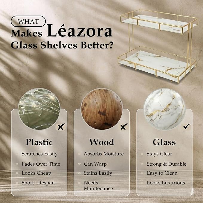 2-Tier White Marble Bathroom Countertop Organizer Ã¢ÂÂ Glass Shelves & Gold Metal Frame, Elegant Vanity Storage Shelf for Perfume, Skincare, Makeup & Toiletries