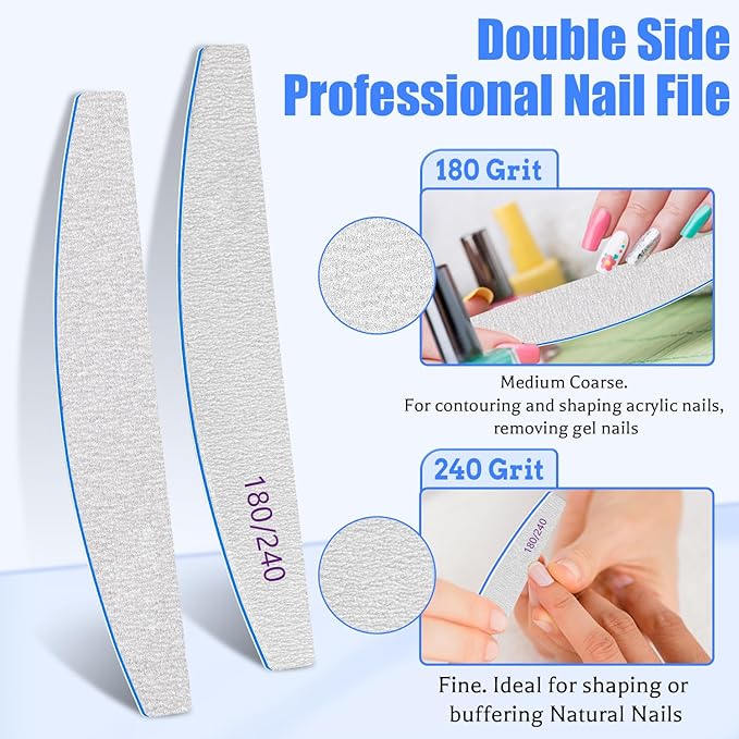 Nail File 12 PCS Professional Reusable 180/240 Grit Double Sides Washable Nail File Manicure Tools for Natural Nails and Acrylic Nails Tools Suit for Home Salon