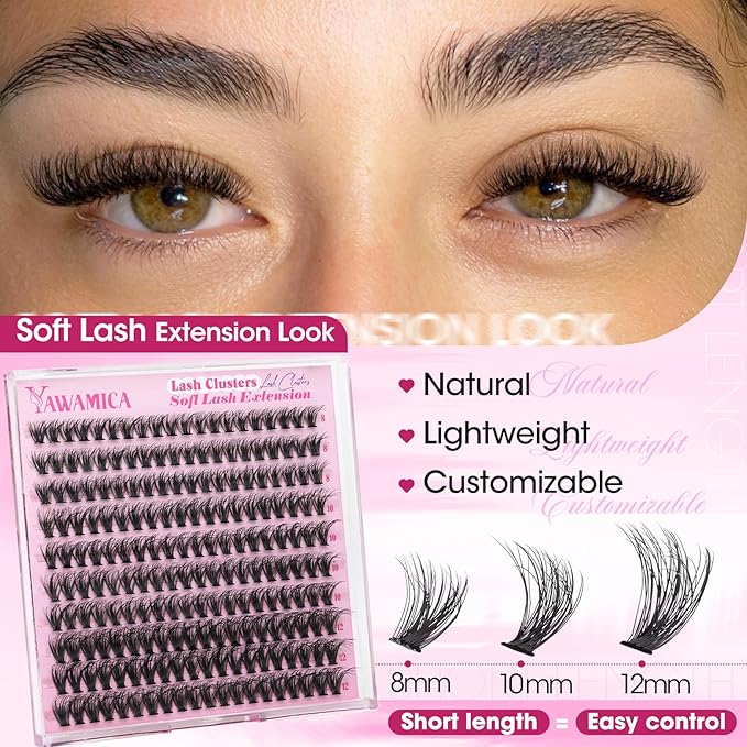 Short Lash Clusters 8-12mm Natural Fluffy Eyelash Clusters Wispy DIY Lash Extensions CC Curl Individual Lashes Clusters with Soft Band by Yawamica