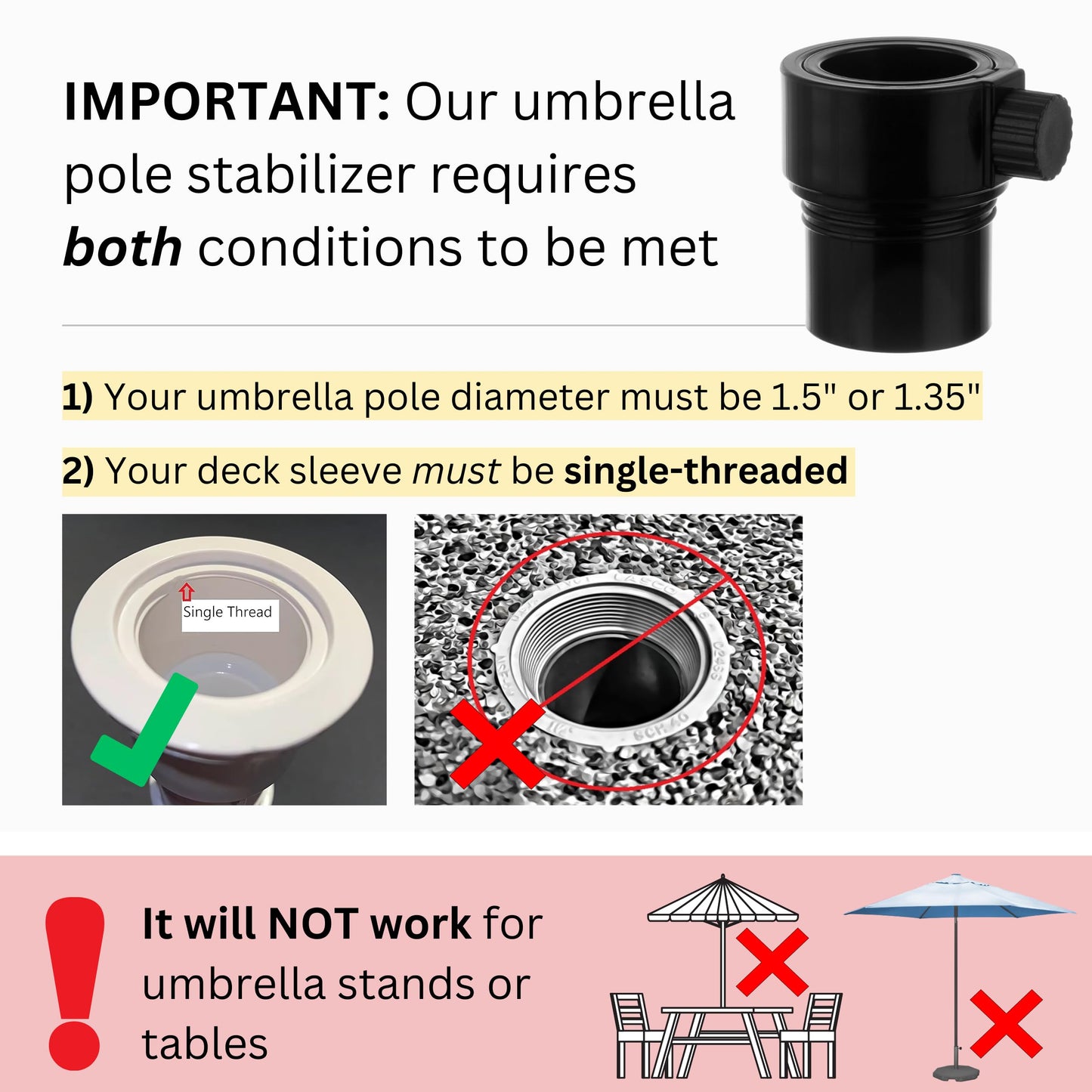 Kraemer Plastics Umbrella Pole Stabilizer reducer threaded adapter insert for Baja Deck Pool Sleeves (Light Gray)