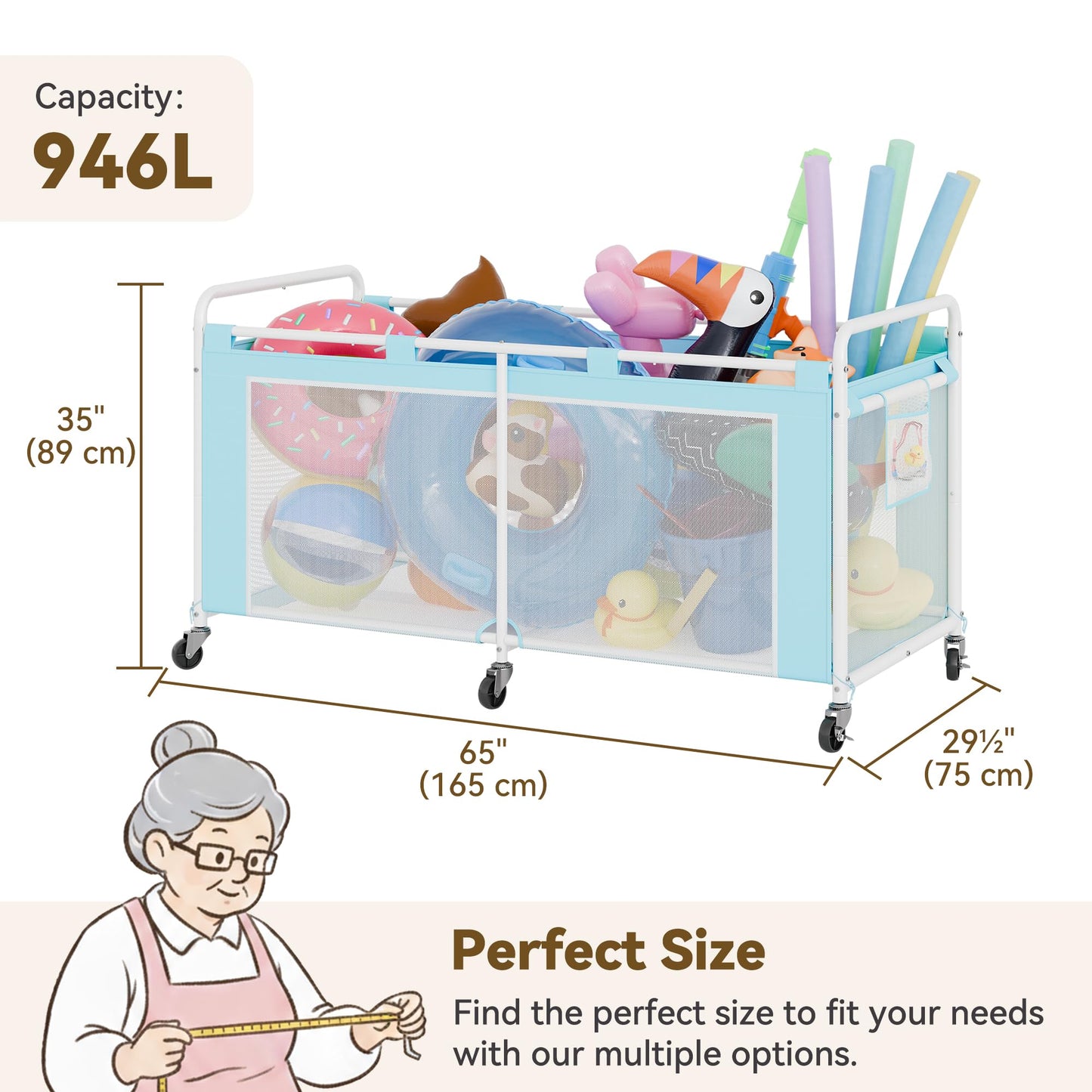 GRANNY SAYS Pool Float Storage Organizer, 290-Gallon Large Pool Storage Bin,35" Pool Toy Storage Cart with Wheels for Floats,Toys and Balls,Mesh Poolside Storage Holder for Swimming Pool, Blue