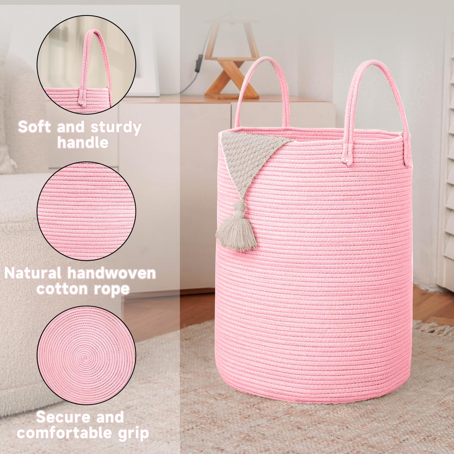 JMvicyroam Large Woven Laundry Basket Hamper,80L Cotton Rope Storage Bin for Blankets,Toys and Clothes,Decorative Tall Nursery Hamper for Living Room,Baby Nursery,Bathroom and Bedroom,Pink
