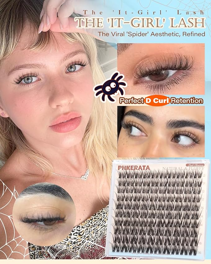 PHKERATA Spider Natural Lash Clusters Wispy Eyelash Clusters, Fluffy Cluster Eyelash Extensions with Invisible Clear Band, Russian D Curl 12-14-16mm DIY Individual Lashes