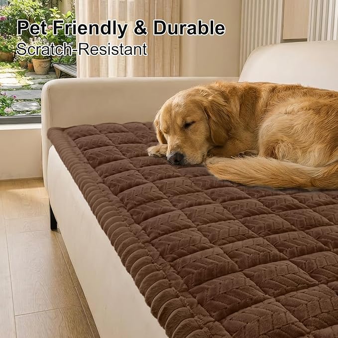 Smiry Non Slip Couch Covers for Dogs, Fuzzy Pet Couch Covers for 3 Cushion Sofa Pet Friendly, Soft Sofa Slipcovers Cushion Furniture Protector Washable (Brown, 27.6" x 70.9")