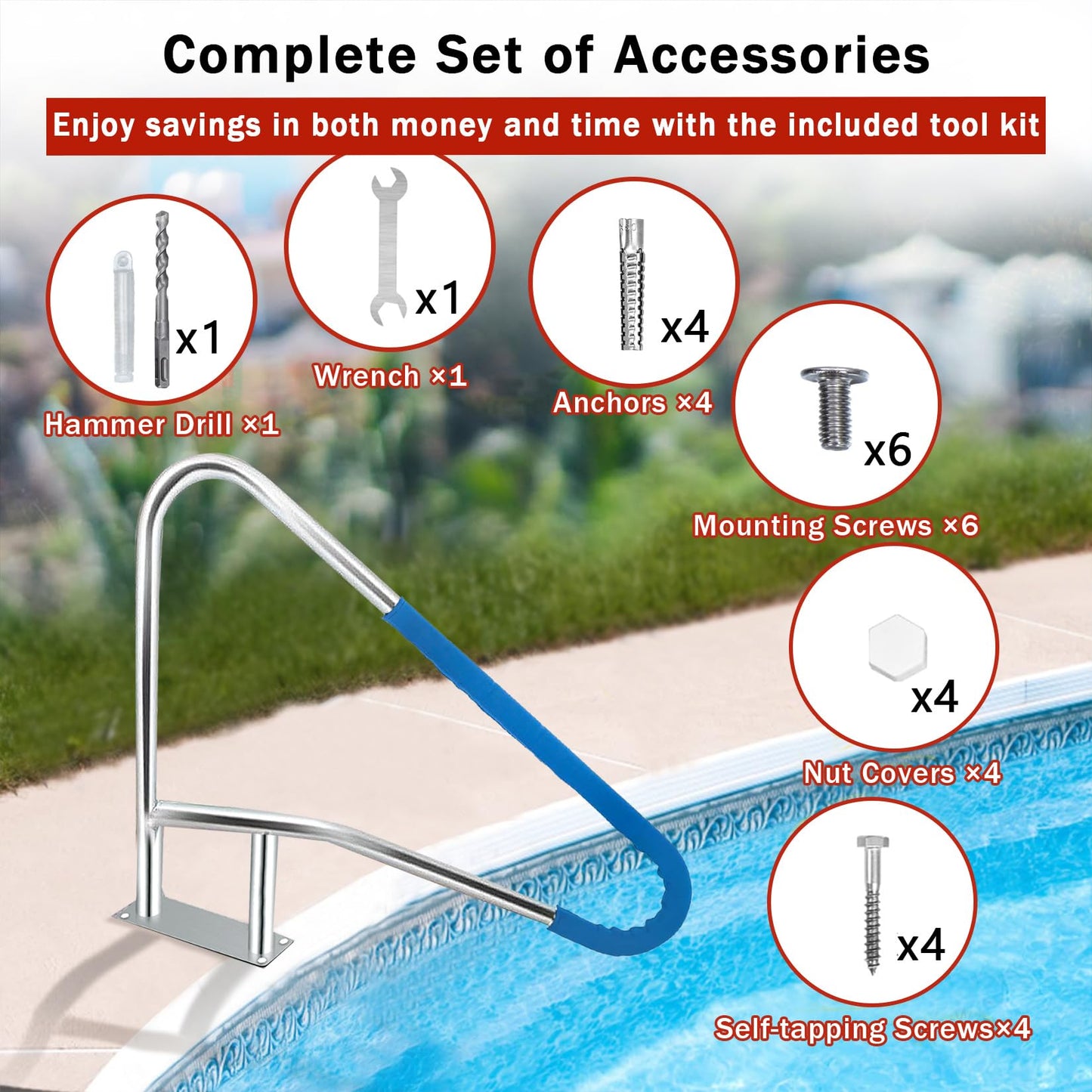 GarveeLife Pool Handrail, 55"x32" Pool Railings for Inground Pools, Swimming Pool Safety Handrails 375lbs Load Capacity, 304 Stainless Steel Pool Stair Rail with Grip Cover, Quick Mount Base Plate
