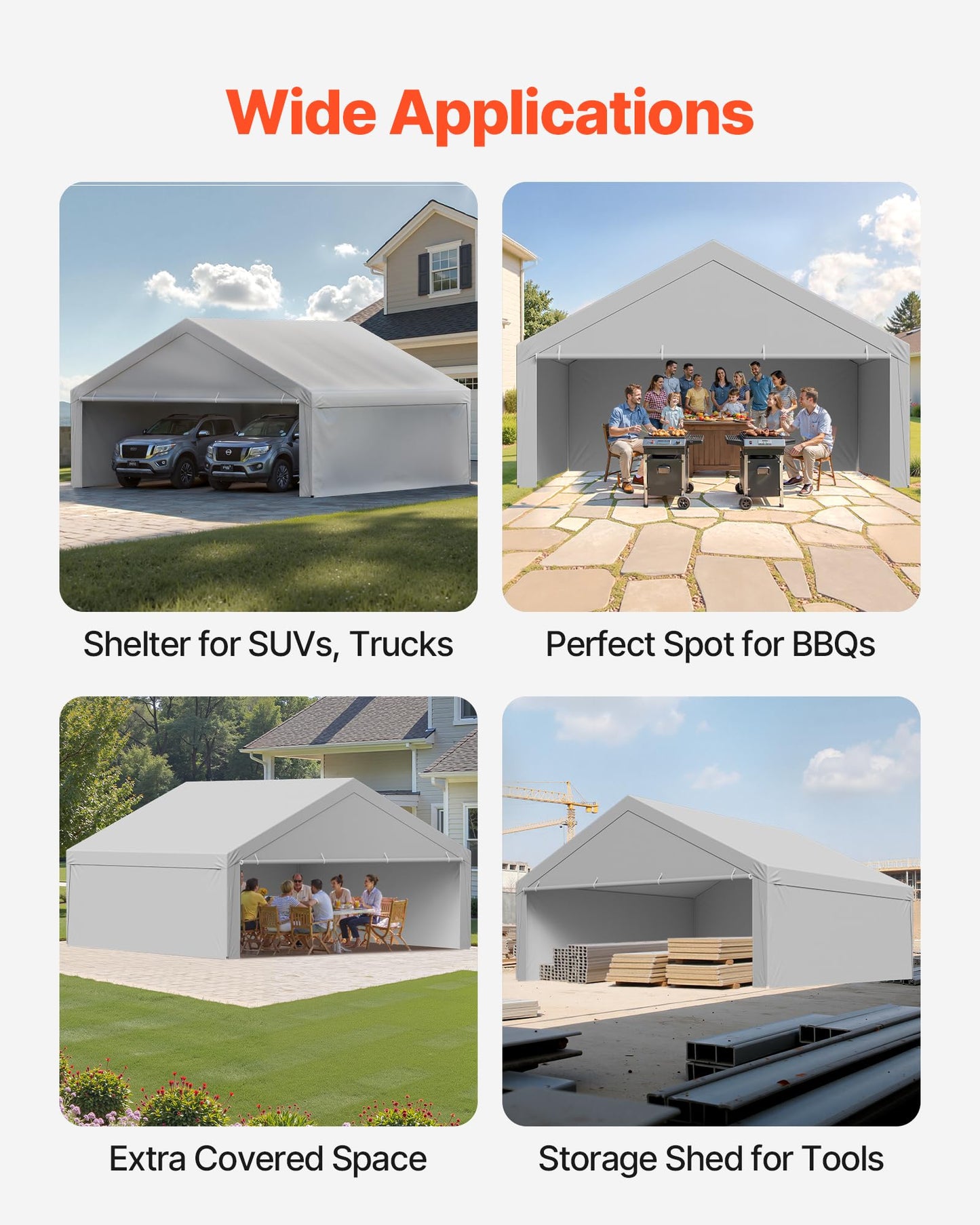 VEVOR Carport Replacement Canopy Cover, 20 x 20 ft Potable Garage Tent Top Tarp with Sidewalls, UV-Resistant & Waterproof, Heavy Duty Car Shelter Tarp with Ball Buggees, Grey, Frame Not Included