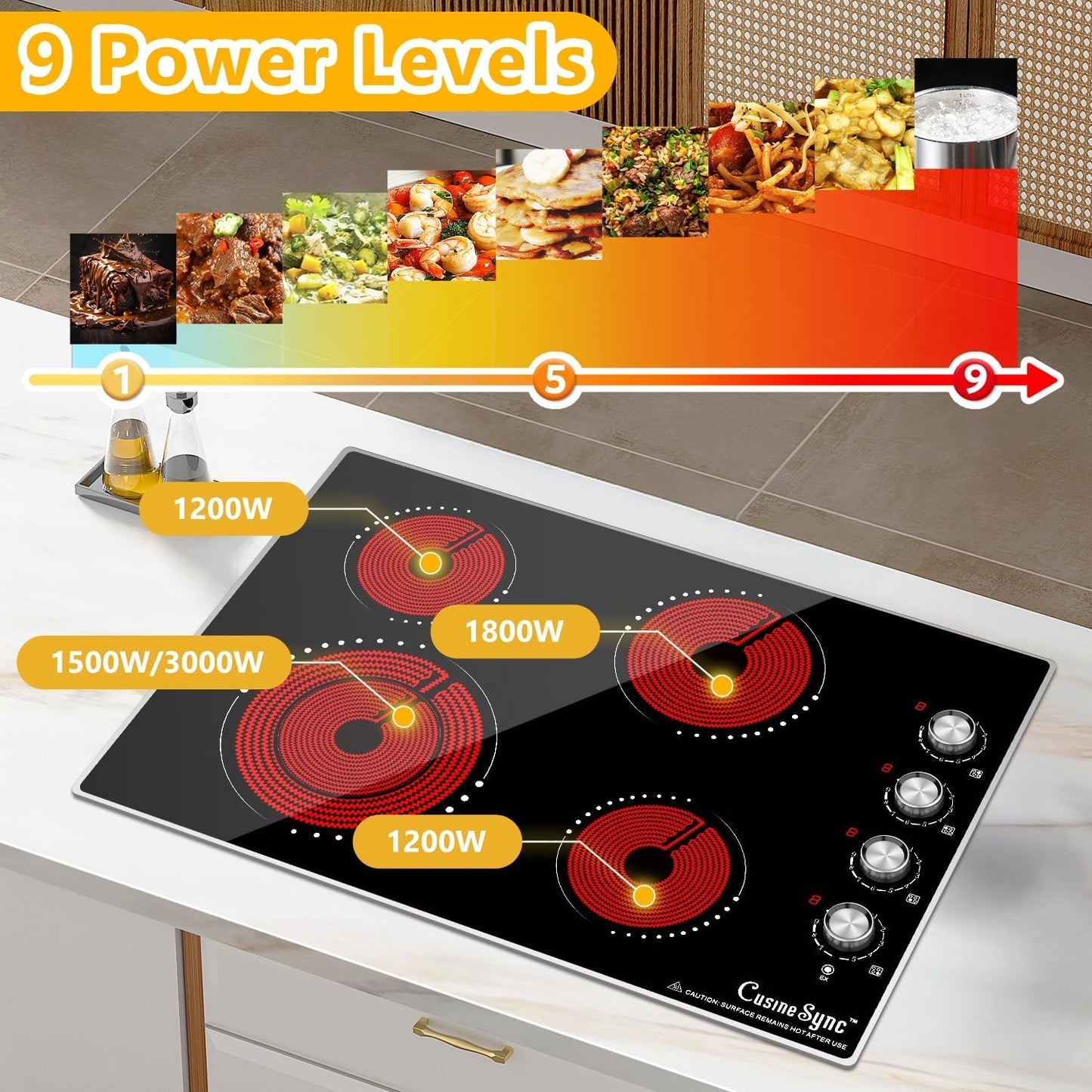 Cusinesync 30 Inch Built-In Electric Ceramic Glass Cooktop, 4 Burners, 7200W Total Power, Knob Control, Compatible with Flat-Bottom Cookware, 220-240V Hardwired