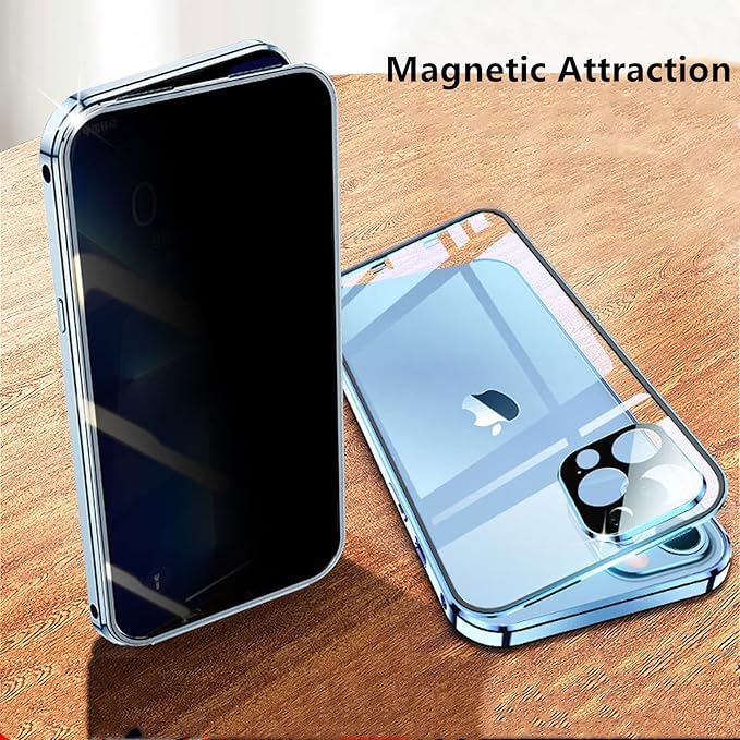 Anti Peeping Case for iPhone 13 Pro Max, Jonwelsy 360 Degree Front and Back Privacy Tempered Glass Cover, Anti SPY Screen, Anti Peep Magnetic Adsorption Metal Bumper for iPhone 13 Pro Max (Blue)