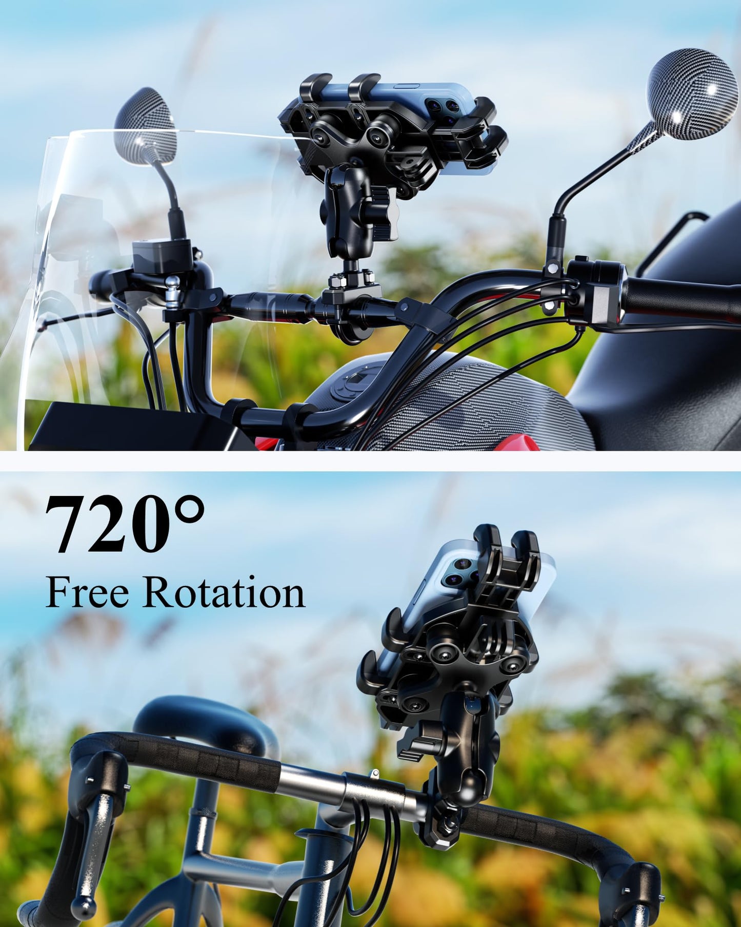 BRCOVAN Motorcycle Phone Mount Holder with Vibration Dampener, Anti-Shake Handlebar Cellphone Cradle for Bike Bicycle Scooter ATV, Adjustable Fit 5.4-6.9'' Smartphone