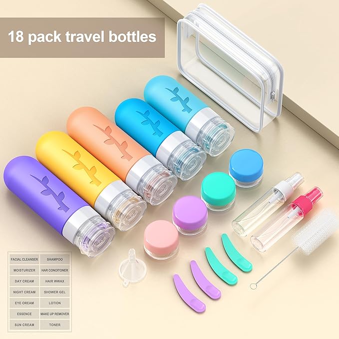 Aeomni 19pack Travel Bottles for Toiletries, TSA Approved Silicone Size Containers for toiletries, Refillable & Leakproof Travel shampoo and conditioner bottles