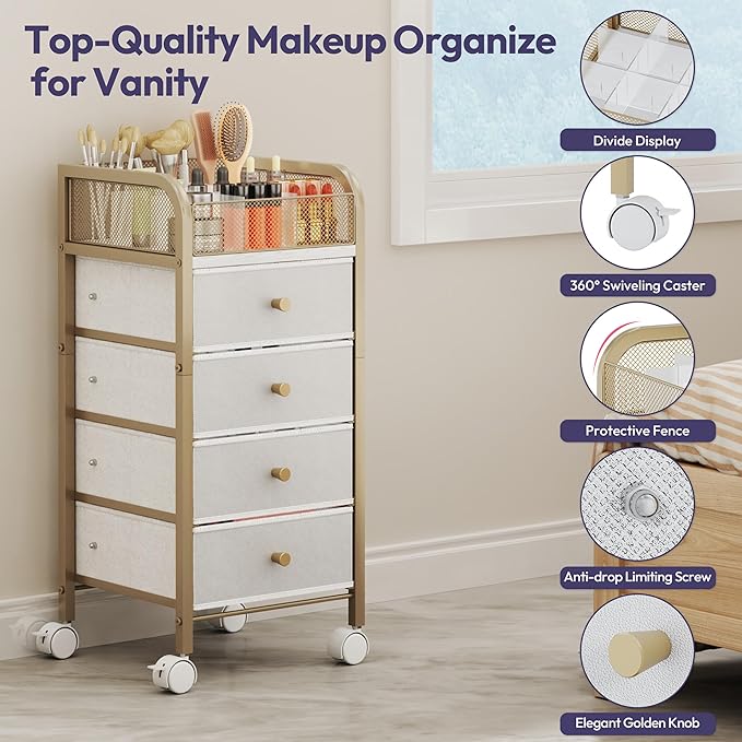SWTYMIKI Rolling Makeup Organizer Cart - Under Desk Vanity Makeup Storage with 4 Non-woven Drawers, Nail Cart Organizer Cosmetic Display Cases Cabinet for Skin Care Perfume Nail Polish Brush Hair Tool