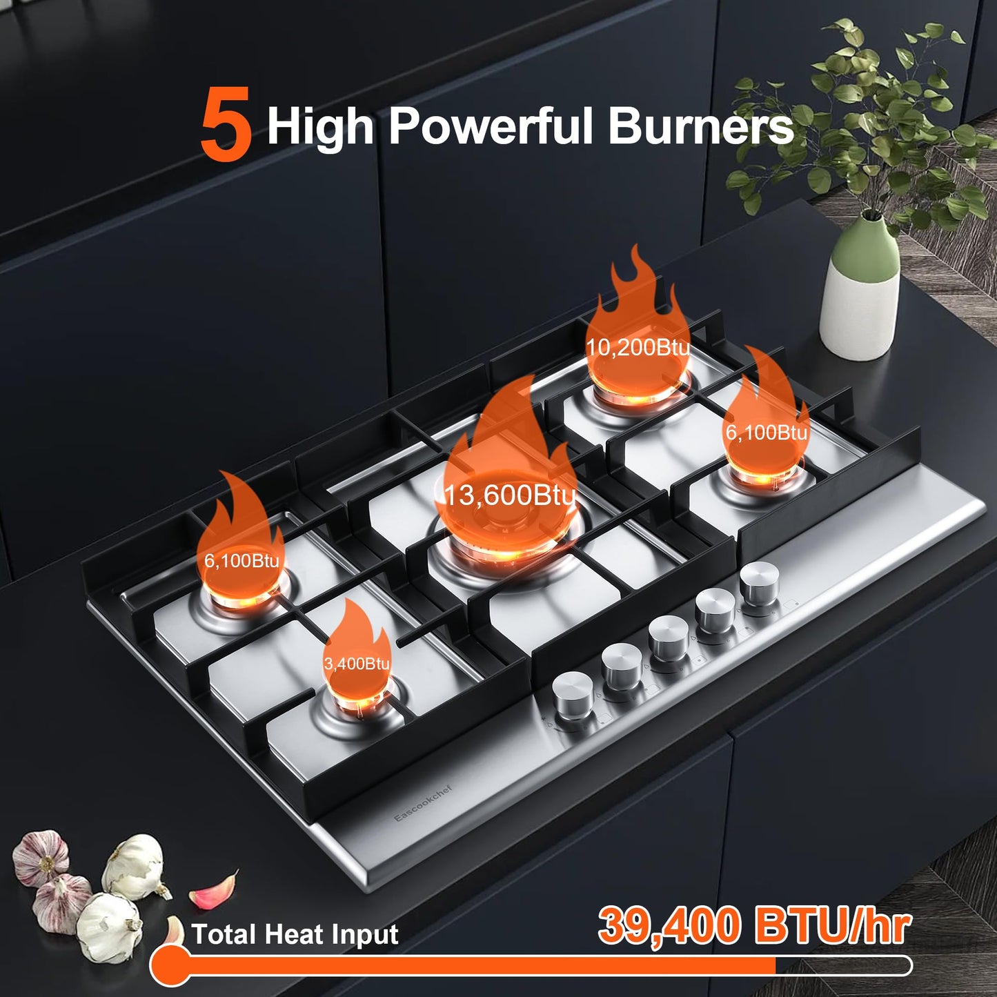 Eascookchef 30 inch Gas Cooktop, Gas Stove Top with 5 High Efficiency Burners, Bulit-in Stainless Steel Propane Cooktop for Kitchen, NG/LPG Convertible Stovetop, Thermocouple Protection