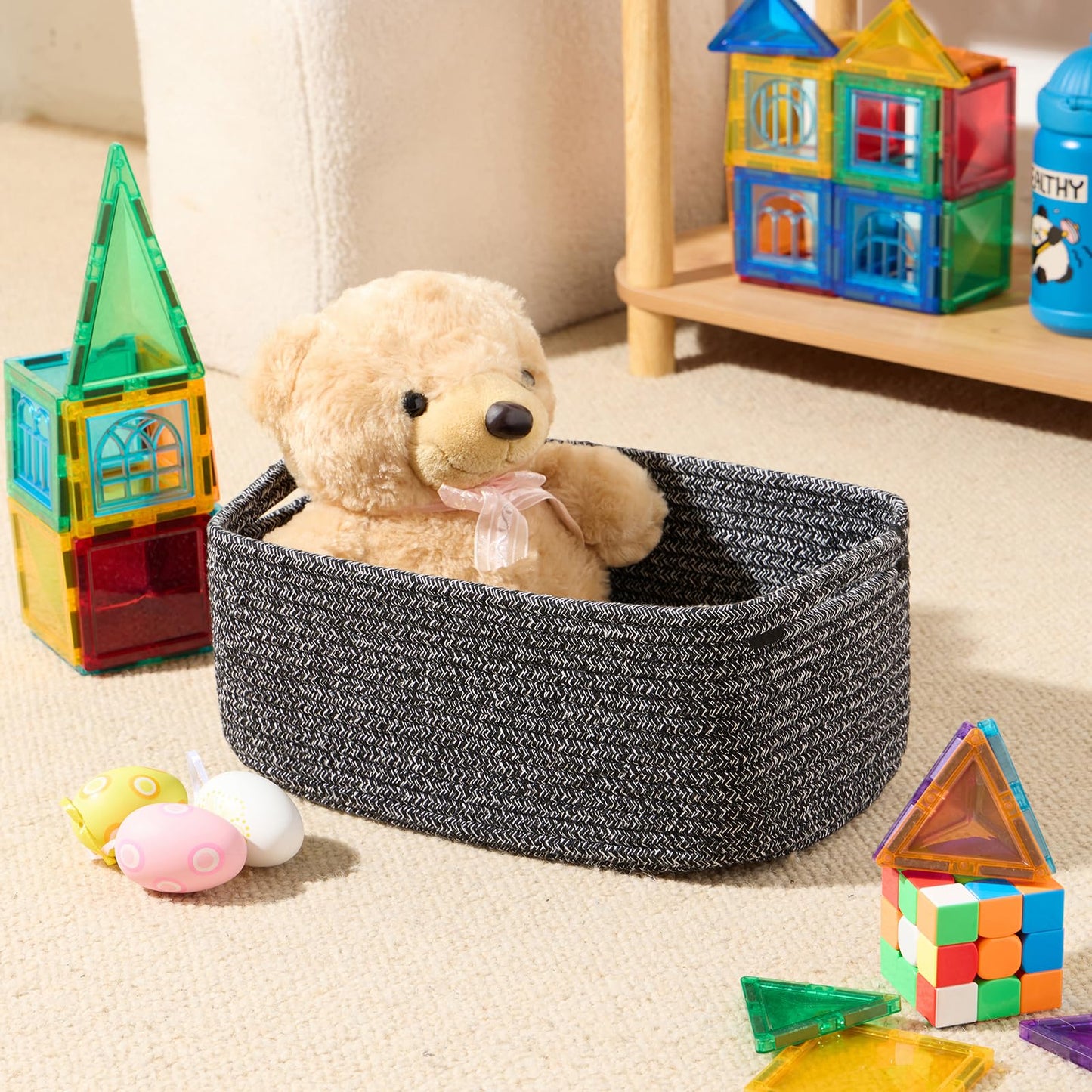 MiniArk Small Storage Baskets for Organizing | Closet Organizer Bins | Shelf Toy Basket | Woven Rope Baskets | Cube Decorative Box | Shallow Basket | 13x8.5x5.1” | 4 Packs Dark Gray
