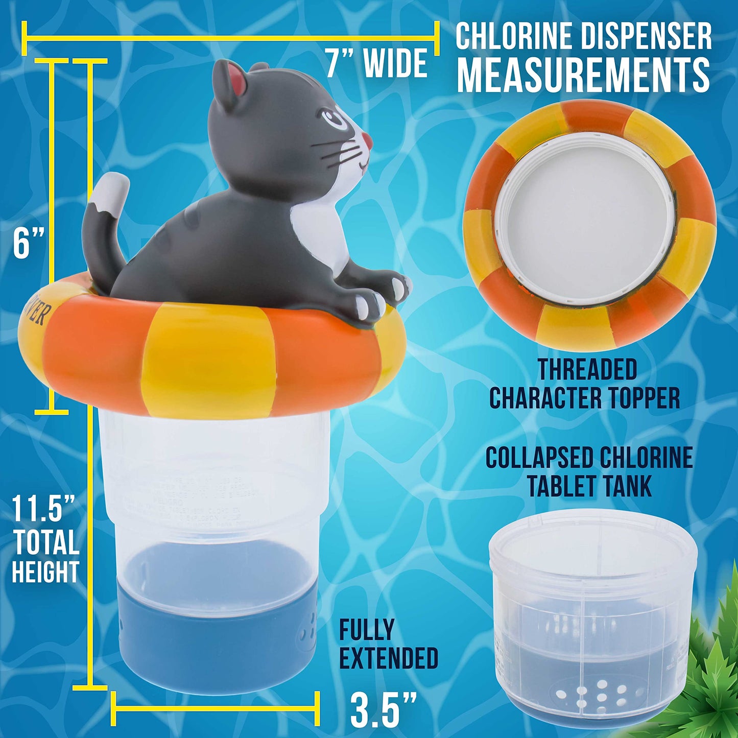 U.S. Pool Supply Kitty Cat Floating Pool Chlorine Dispenser, Collapsible Base, Holds 3" Tablets - 7" Fun Cute Happy Pet Life Preserver Animal Float Floater Decoration, Adjustable Balanced Delivery