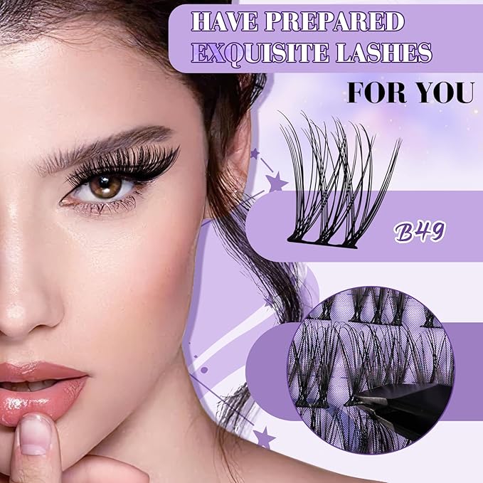 B&Q Wispy Lash Clusters Kit B49, DIY Lash Extension Kit 156PCS Eyelash Extension Kit, Soft Natural Lash Clusters 8-18MIX D Curl Lash cluster, Thin Black Band Cluster Eyelash Extensions (B49 Set)