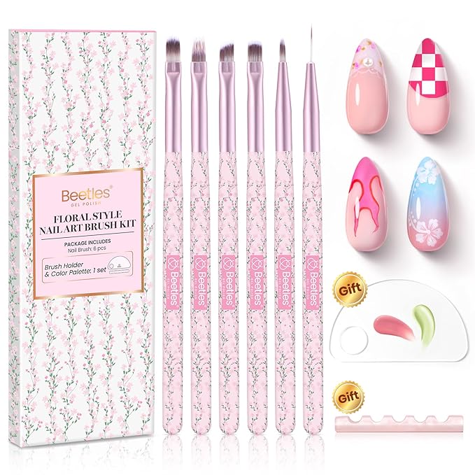Beetles Gel Polish Nail Art Brushes Set, 6 Pcs Fingernail Art Design Pen, Floral Pattern Handle, Gradient Bristles Nail Brush Set DIY with Palette Dotting Manicure Tool Kit