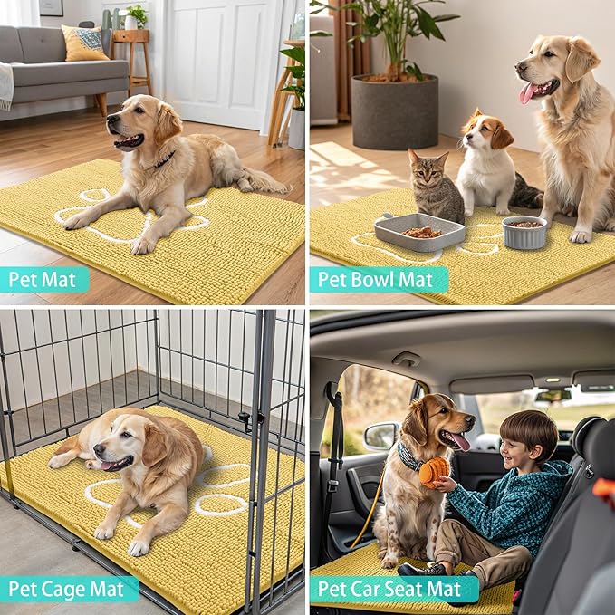Smiry Dog Door Mat for Muddy Paws, Absorbent Dirt Trapper Non Slip Quick Dry Washable Chenille Mat for Mud Dogs, Entry Rug for Indoor and Outdoor (36x24 Inches, Yellow and White)