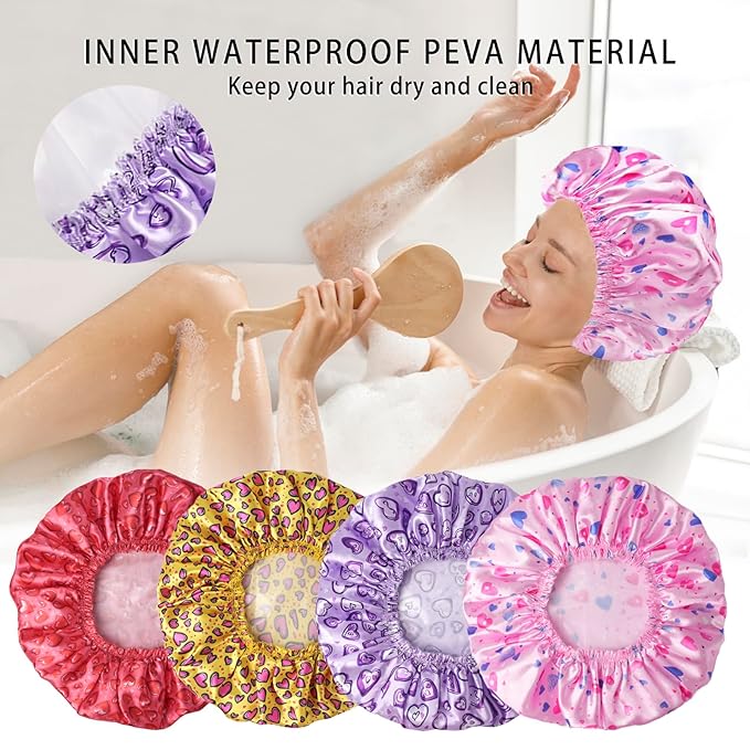 4 PCS Shower Cap for Women, Elastic and Reusable Bath Caps, Double Layers Shower Caps Reusable Waterproof, Bathing Shower Caps, Environmental Bath Hair Protection Cap - Heart