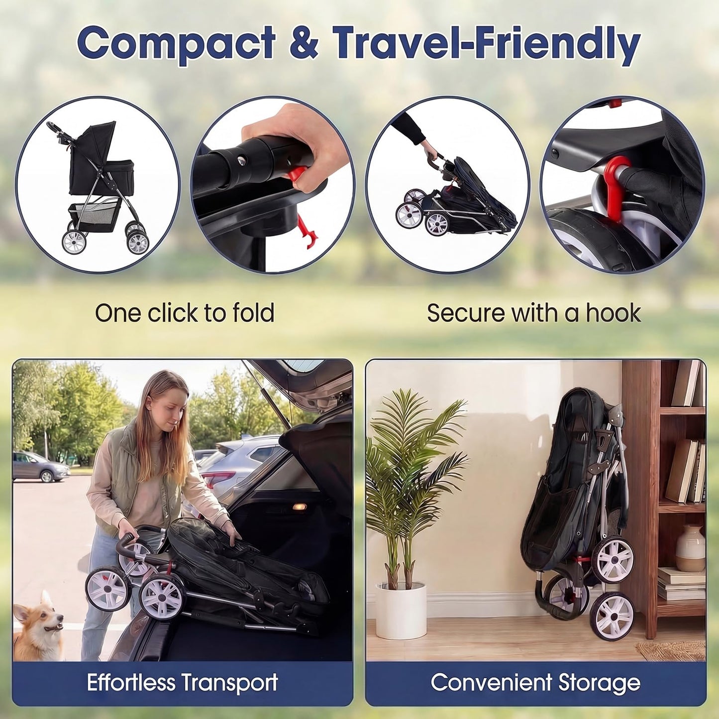Giantex Foldable Pet Stroller for Small Dogs & Cats, Lightweight Dog Stroller with Lockable Wheels, One-Hand Quick Fold, Adjustable Canopy, Safety Leash & Storage Basket, Pet Travel Stroller, Black