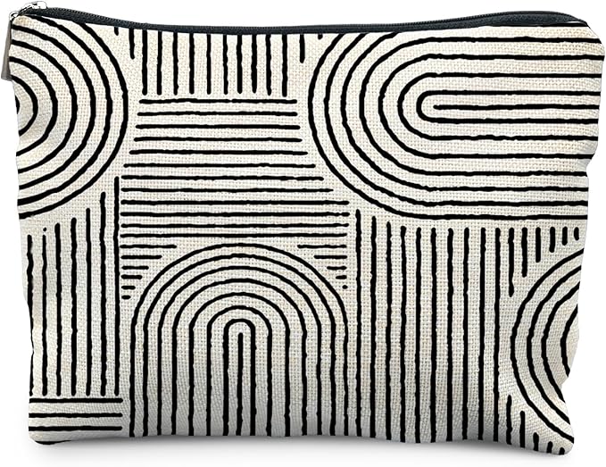 Abstract Minimalist Black and White Makeup Bag, Aesthetic Boho Rainbow Line Art Cosmetic Bags for Women, Boho Gifts for Women, Contemporary Modern Zipper Makeup Pouch