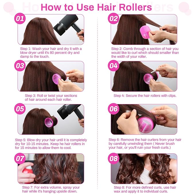 Rollers Hair Curlers Set - 36 Pieces with 4 Sizes (6 Jumbo, 6 Large, 6 Medium & 6 Small Curlers), 12 Hair Clips for Long, Thick Hair, Pink