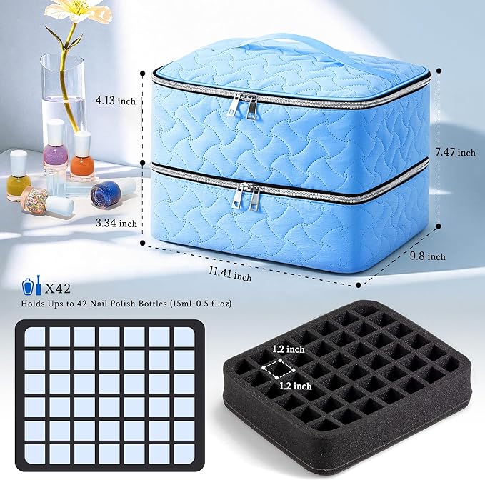 DreamGenius Nail Polish Organizer Case Holds 42 Bottles, Portable Double-Layer Nail Polish Storage Bag with Adjustable Dividers for Manicure Tools, Light Blue