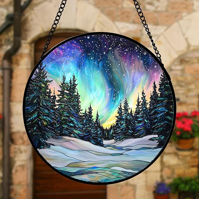 DASTOLL Stained Glass Window Hanging, Aurora Landscape Sun Catchers Glass Panel Green Trees Suncatcher Decor for Birthday for Women, Men, Wife, Aunt, and Mom 6.3 in