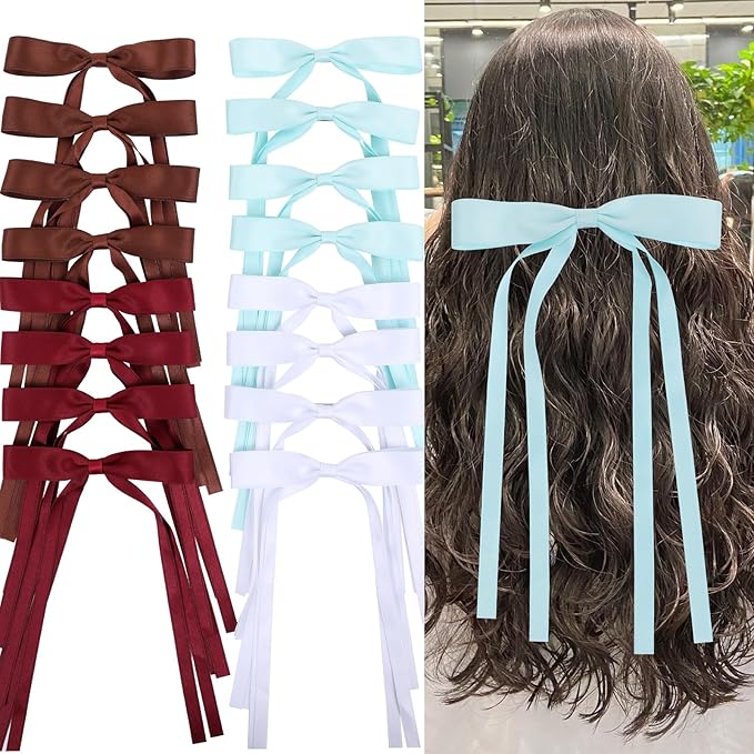 Hair Bows Clips Coquette Ribbon Bowknot with Long Tail Princess Hair Bows French Barrettes Hair Accessories for Women Girls 16PCS (Wine Red, White, Aquamarine, Brown)