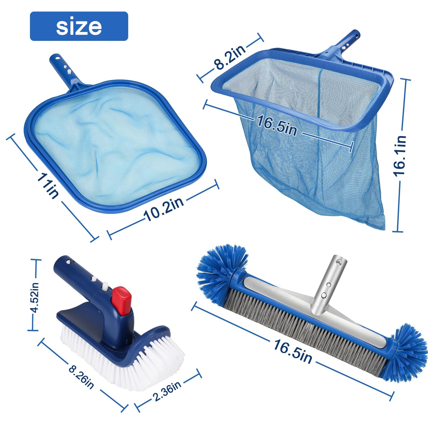 Ahomdoo Pool Cleaning Kit Professional Heavy Duty Leaf Skimmer Net, Deep Bag Rake & Wall Scrubber Brush, 4-Piece Pool Cleaning Equipment Set for Above Ground & Inground Pools (Pole Not Included)
