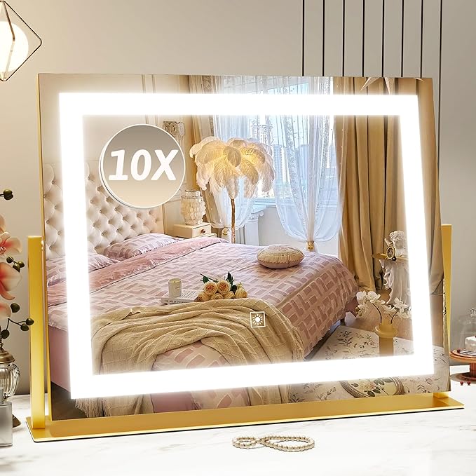 ROLOVE Vanity Mirror with Lights 22"x18", Lighted Makeup Mirror with 10X Magnification, Smart Touch 3 Colors Dimmable, 360° Rotation, Women Gift, Dresser Mount, Bathroom (Gold)