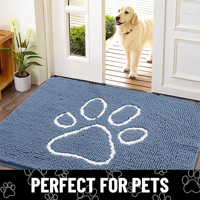 Smiry Dog Door Mat for Muddy Paws, Absorbent Dirt Trapper Non Slip Quick Dry Washable Chenille Mat for Mud Dogs, Entry Rug for Indoor and Outdoor (47x24 Inches, Airy Blue and White)