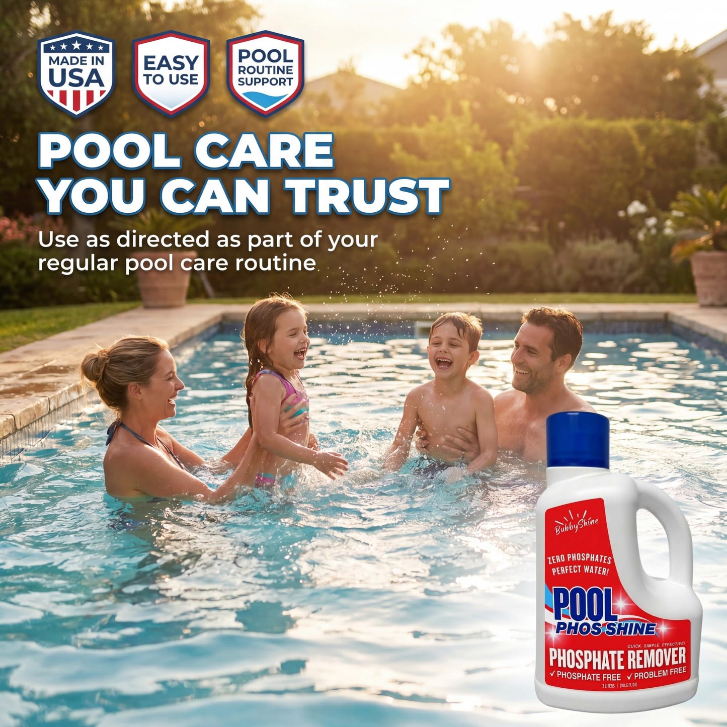 Phosphate Remover Pool Chemicals, 3 L, Pool Phosphate Remover, Swimming Pool Chemicals, Easy Cap Measure, ppb Dosing Guide, BubbyShine