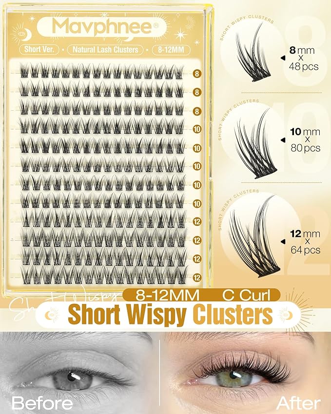 8-10-12MM Lash Clusters Natural Cluster Eyelash Extensions Wispy Cluster Lashes Soft Individual Lashes C Curve Lash Extensions Seamless Blend DIY Eyelash Clusters Thin Band Lashes Clusters 192Pcs